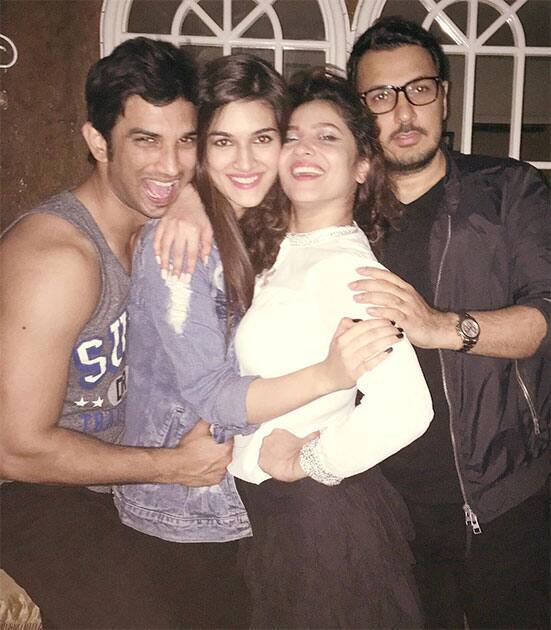 Sushi's 30th bday! @sushantsinghrajput , Dinoo and the perfect host Ankita. Instagram/kritisanon