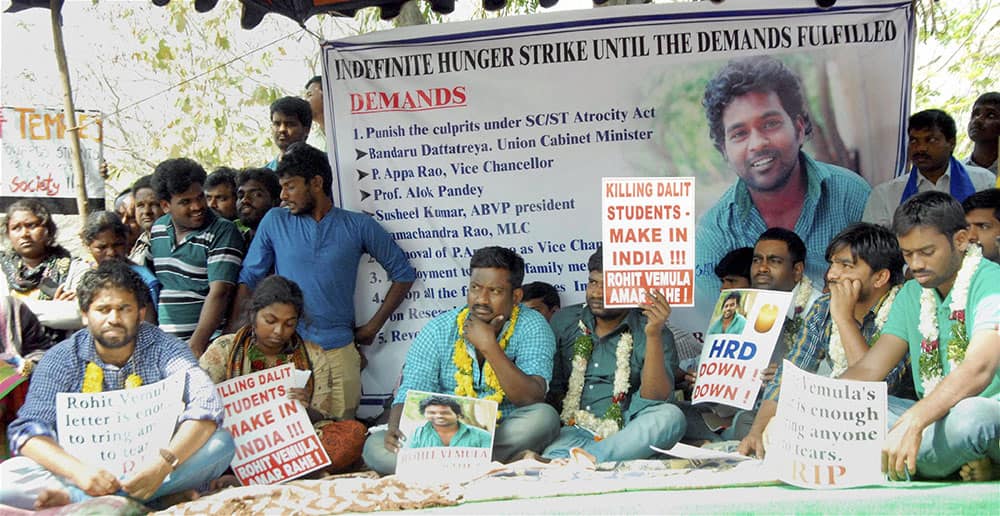 Students protesting after the suicide of dalit student Rohith Vemula at Hyderabad Central University in Hyderabad.