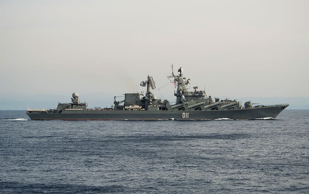 The Russian navy missile cruiser Varyag on patrol in eastern Mediterranean.