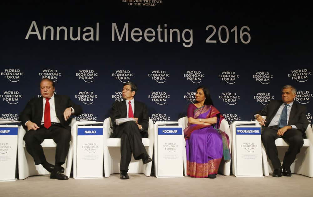 Pakistan's Prime Minister Muhammad Nawaz Sharif, Takehiko Nakao, President of the Asian Development Bank, Chanda Kochhar, Managing Director and Chief Executive Officer of ICICI Bank and Sri Lanka's Prime Minister Ranil Wickremesinghe, from left, attend a debate hosted by the Associated Press “Regions in Transformation: South Asia” at the World Economic Forum in Davos, Switzerland, Thursday, Jan. 21, 2016. 