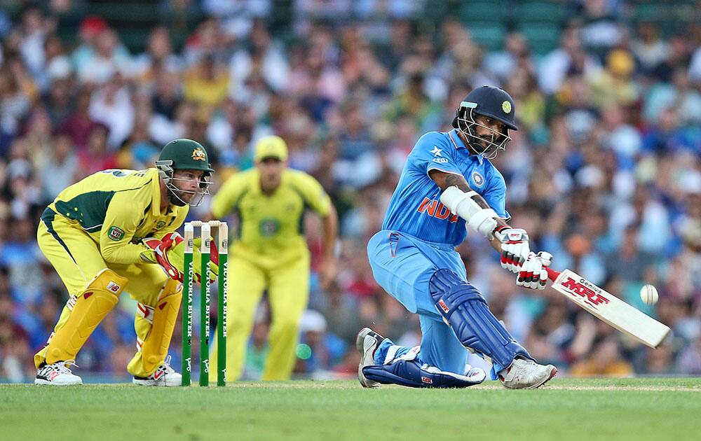 Shikhar Dhawan plays a shot during their one-day international cricket match against Australia in Sydney.