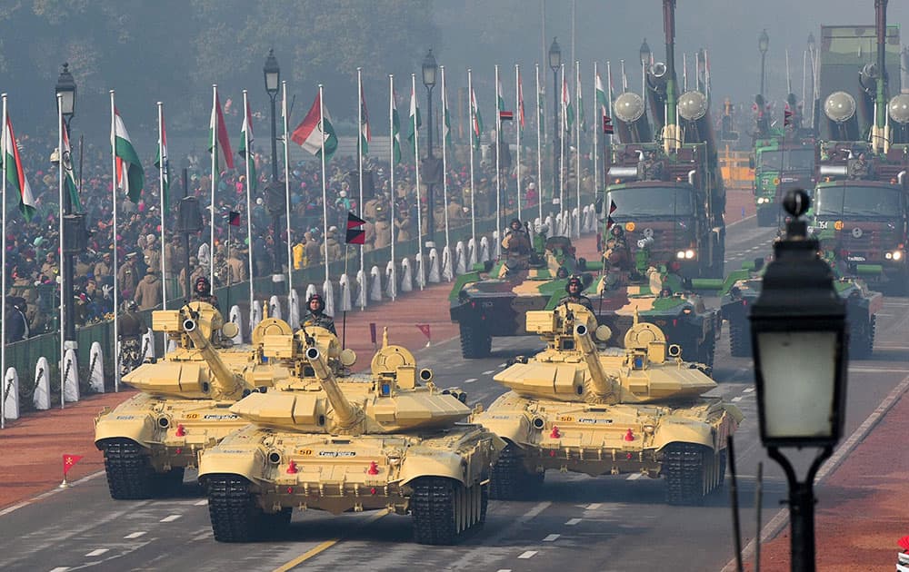 Army tanks are rolled out during the full dress rehearsal for the Republic Day parade, in New Delhi.