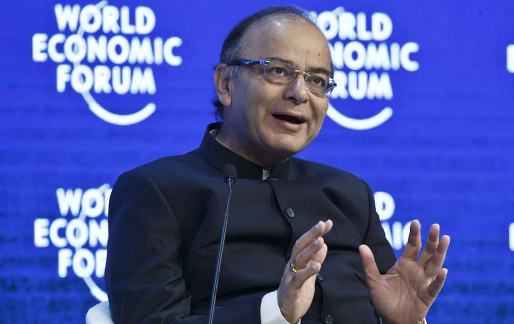 India's Finance Minister Arun Jaitley speaks during a pane 