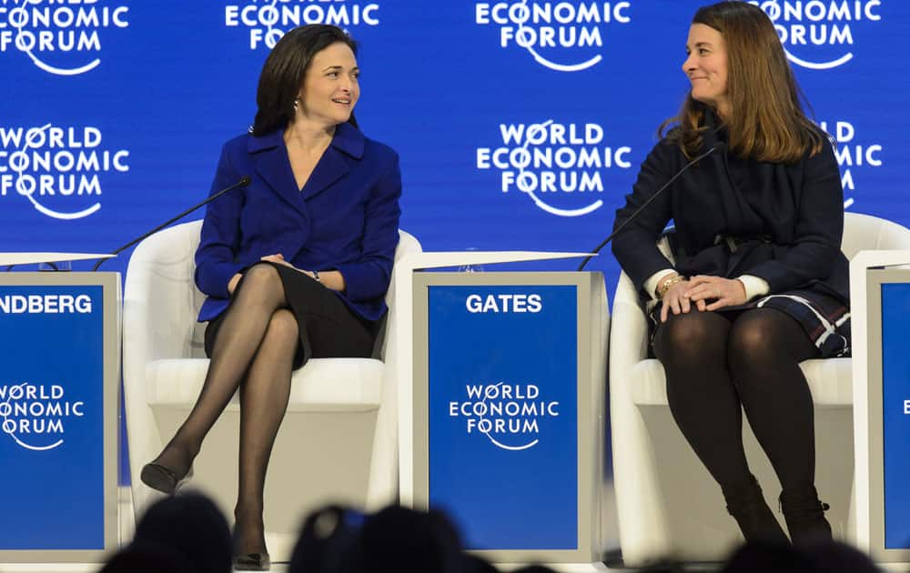Sheryl Sandberg, left, Chief Operating Officer and Member of the Board of Facebook, and Melinda Gates, right, Co-Chair of the Bill & Melinda Gates Foundation speak during a panel session at the 46th Annual Meeting of the World Economic Forum, WEF, in Davos, Switzerland, Friday, Jan. 22, 2016.