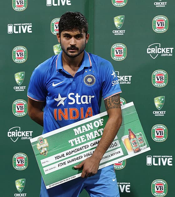 Manish Pandey awarded man of the match of their One Day International cricket match against Australia in Sydney, Australia.
