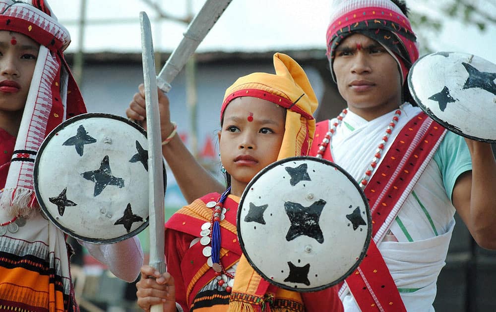 A Dimasa girl in her traditional attire seen at the opening day of the 2 day long Judima Festival at Haflong in Dima Hasao district of Assam.