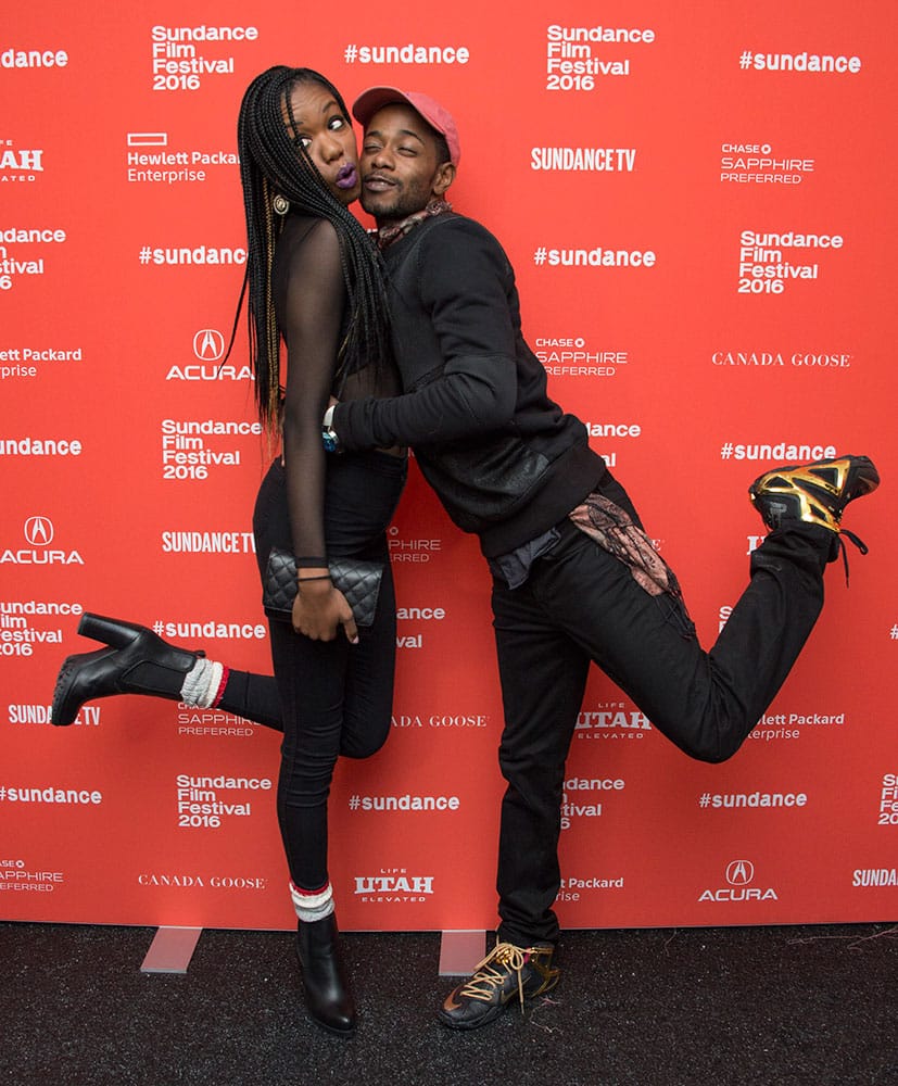 Actress Xosha Roquemore, left, and actor Keith Stanfield pose at the premiere of 