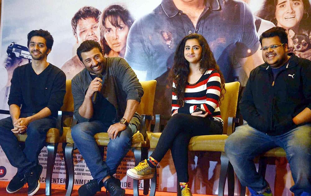 Actors Sunny Deol, Rishabh Arora, Shivam Patil and Diana Khan at a promotional event for their film Ghaya Once Again in Chandigarh.