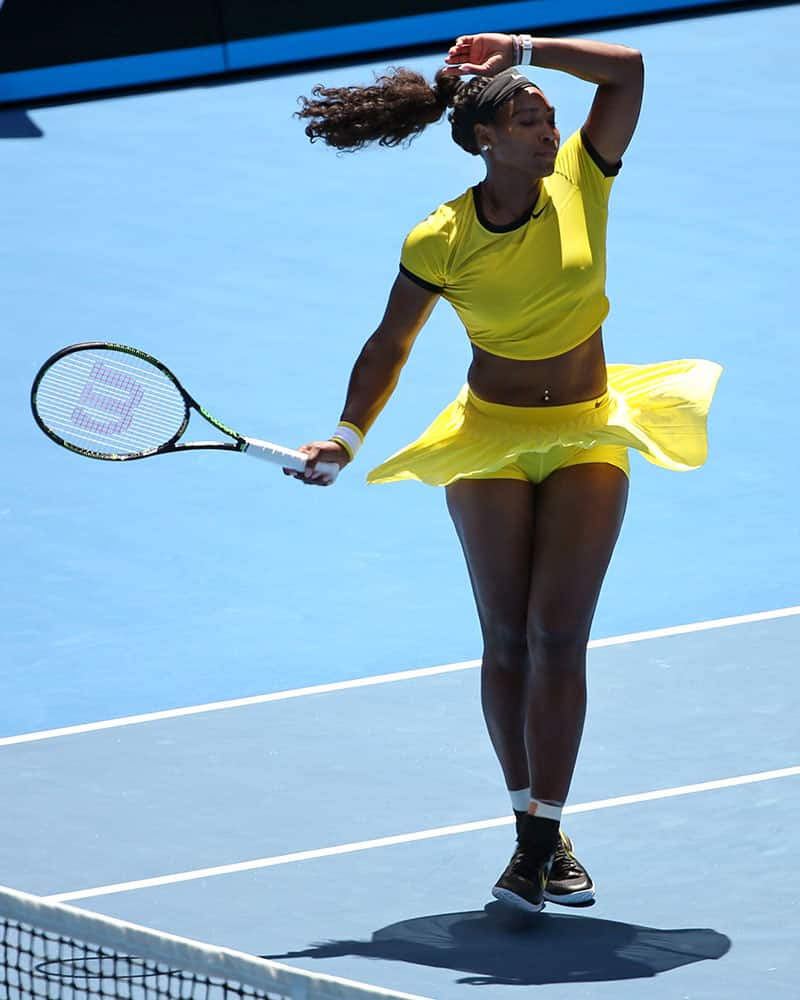 Serena Williams of the United States celebrates after defeating Margarita Gasparyan of Russia in their fourth round match at the Australian Open tennis championships in Melbourne.