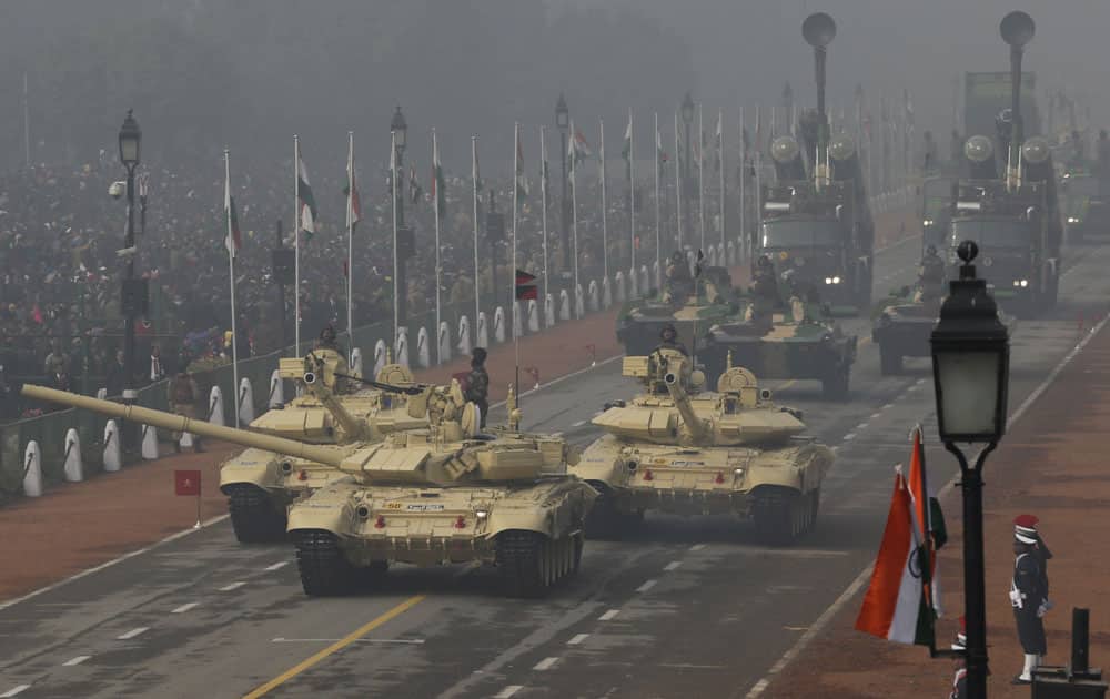 T-90 tanks roll down the Rajpath during the Republic Day parade in New Delhi.