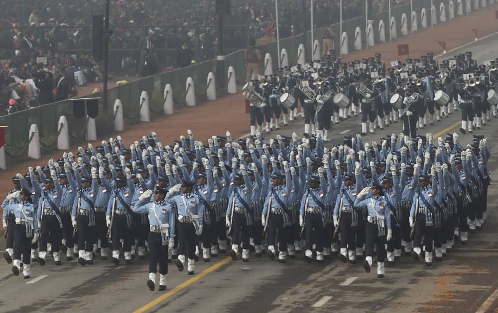 Indian security forces march during the Republic Day parade in New Delhi, India. 
