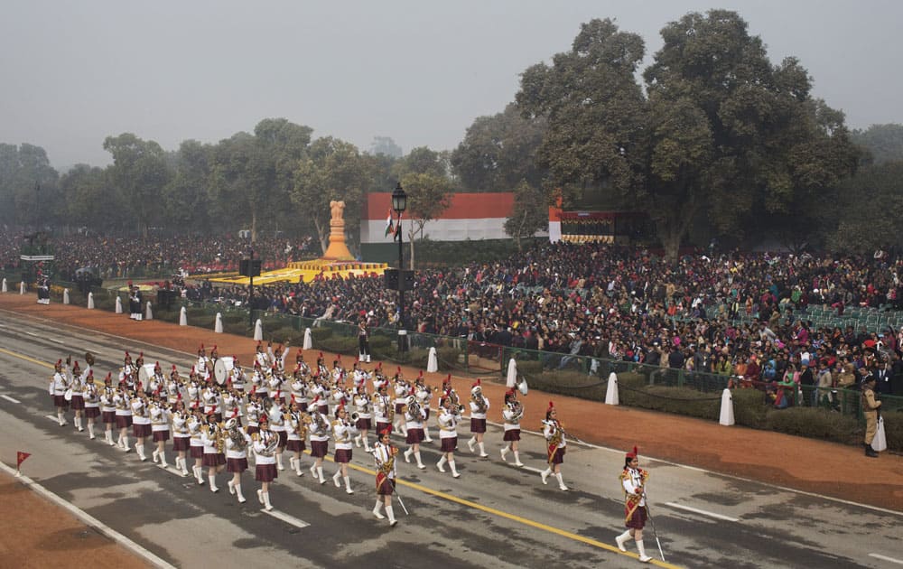 Women members of India's National Cadet Corps (NCC) march during the Republic Day parade in New Delhi. 