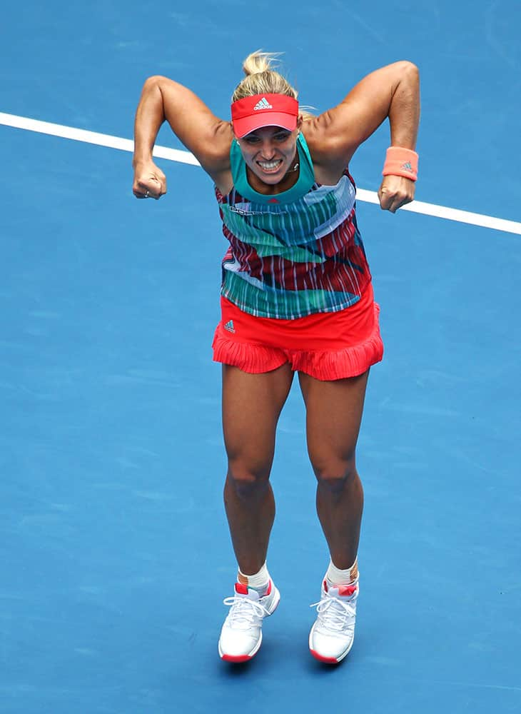 Angelique Kerber of Germany celebrates after defeating Victoria Azarenka of Belarus in their quarterfinal match at the Australian Open tennis championships in Melbourne.