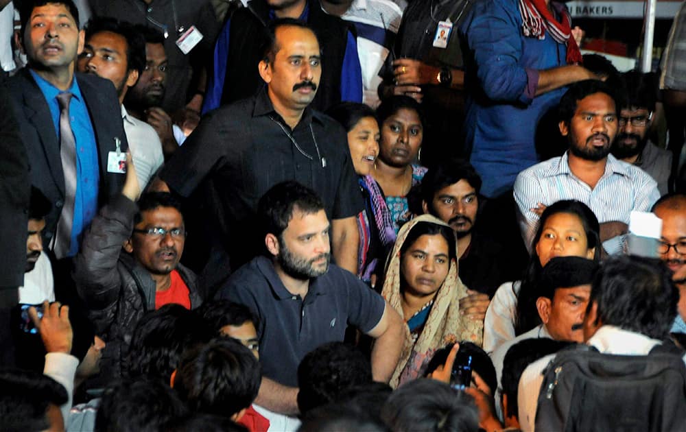 Congress Vice President Rahul Gandhi along with Rohit Vemulas mother Radhika during a protest over the dalit scholars death at University of Hyderabad in Telangana.