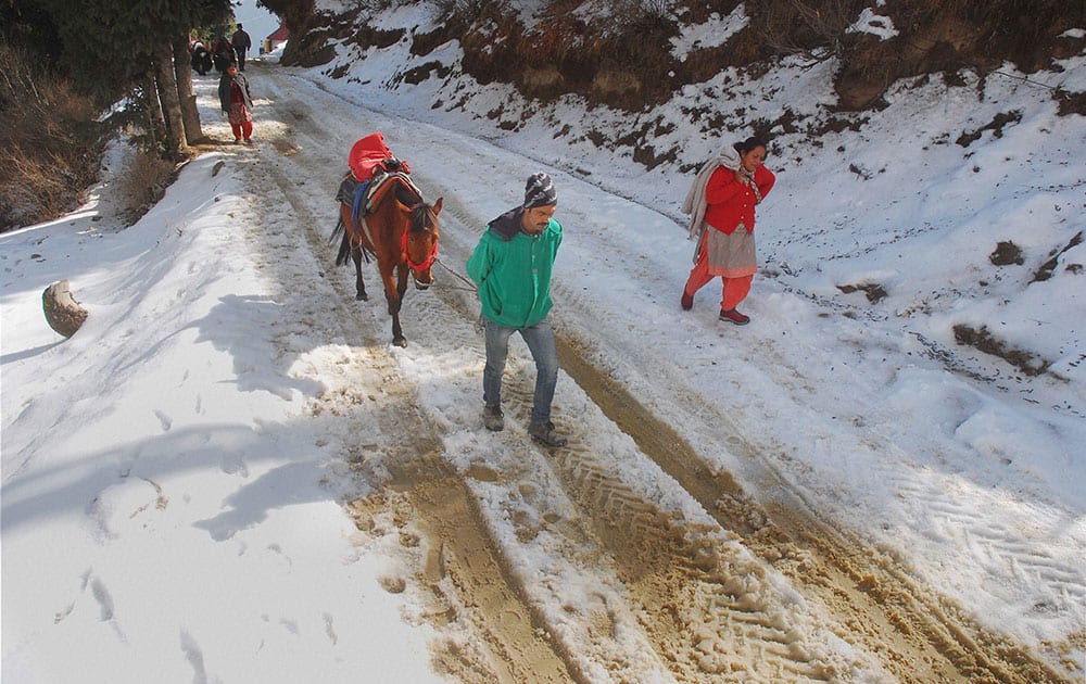 People walk on a snow-covered road after snowfall at Kufri near Shimla.