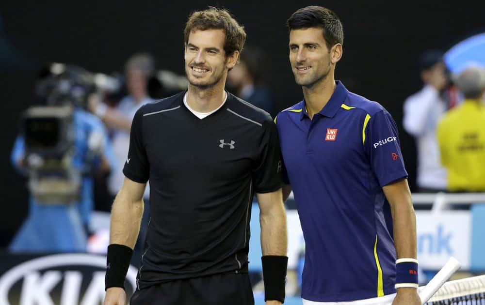 Andy Murray, left, of Britain stands with Novak Djokovic of Serbia prior to the men's singles final at the Australian Open tennis championships in Melbourne.