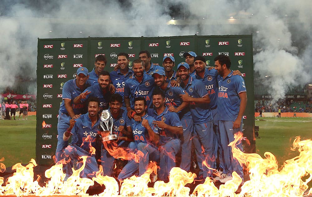 India Cricket team celebrates winning the T20 International cricket series against Australia in Sydney, Australia.