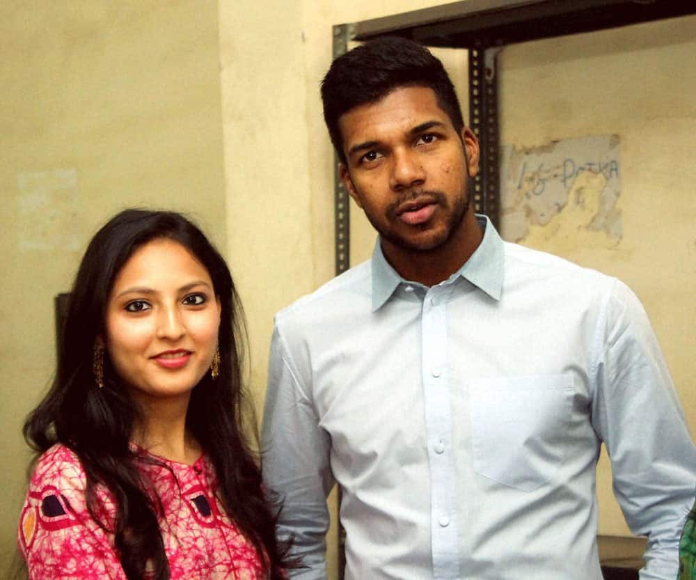 Indian cricketer Varun Aaron with wife Ragini after getting married at the registrars office in Jamshedpur.