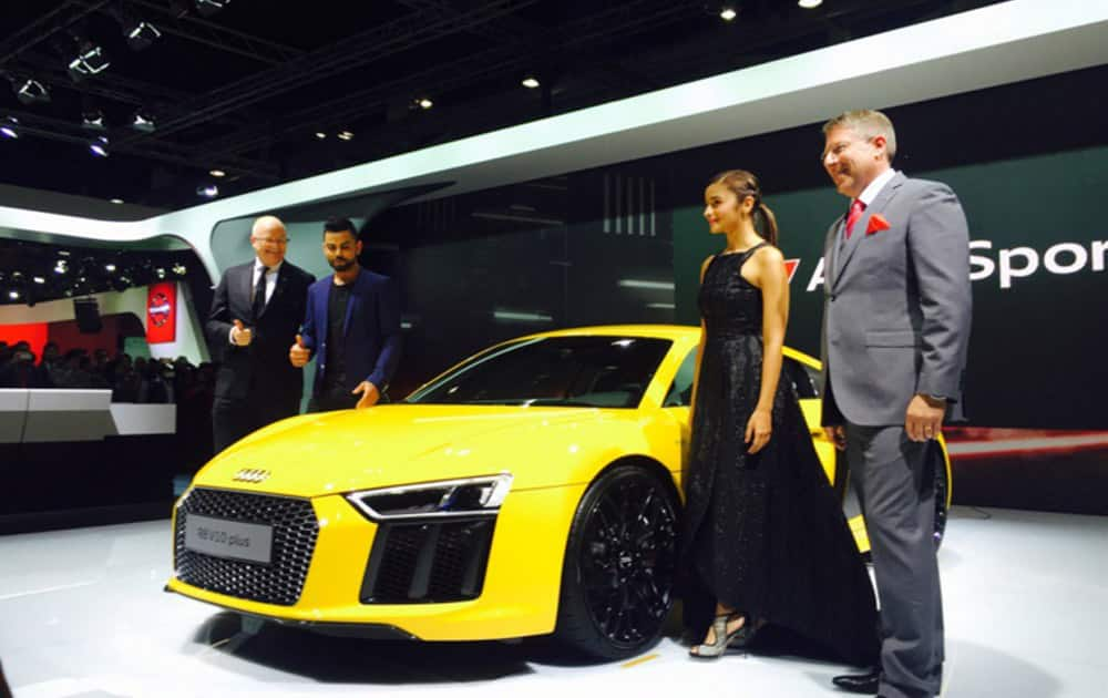 Bollywood actress Alia Bhatt and Indian cricketer Virat Kohli at the launch of the Audi R1 (Pic courtesy: @AudiIN)