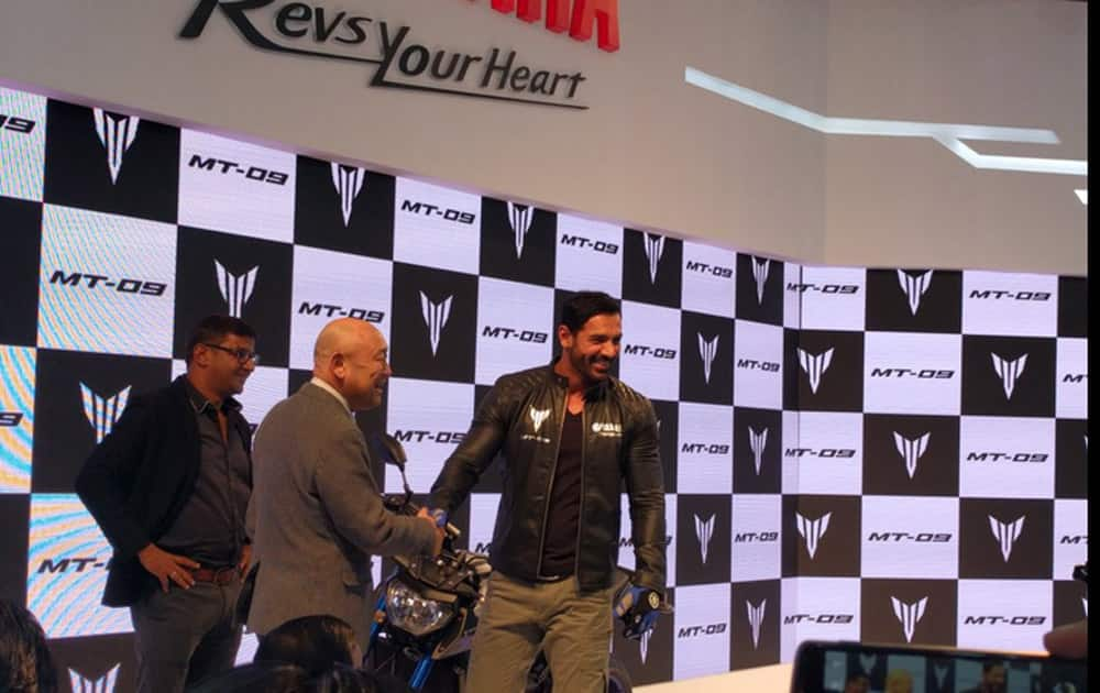 John Abraham at the launch of Yamaha's MT09.