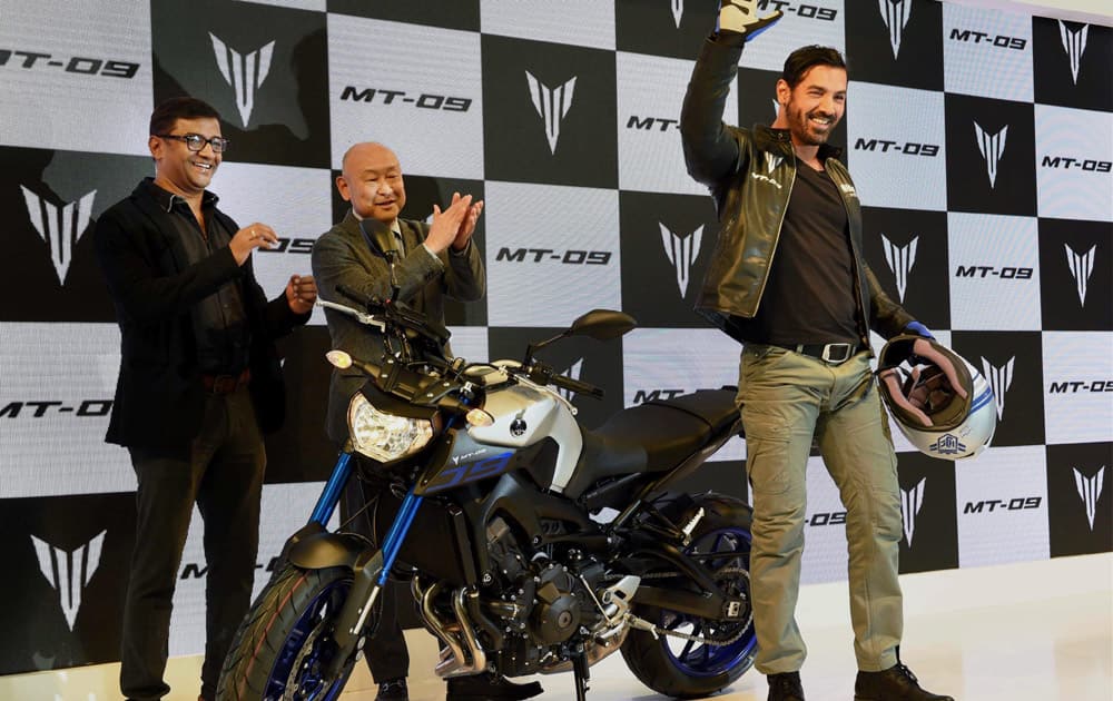 Actor John Abraham during the launch of new Yamaha motorbike at Auto Expo 2016 in Greater Noida on Thursday.