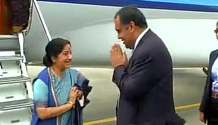 Foreign Minister Sushma Swaraj arrives in Colombo for Joint Commission meeting
