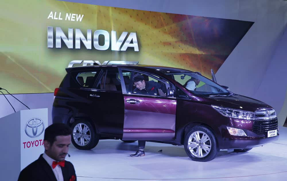 Toyota's new Innova CRYSTA is displayed at the Auto Expo in Greater Noida, near New Delhi.