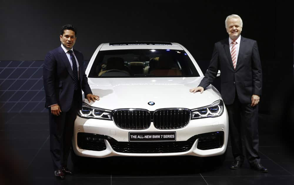 Former Indian cricketer Sachin Tendulkar at BMW 7series launch at the Auto Expo in Greater Noida, near New Delhi.