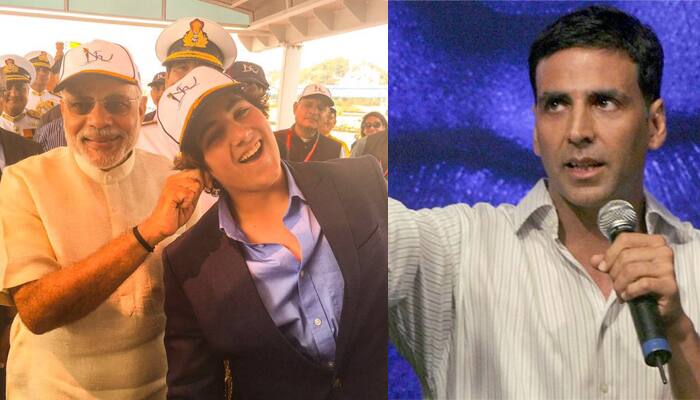 Oh so cute! PM Narendra Modi pulls Akshay Kumar&#039;s son Aarav Kumar&#039;s ear!-- See pic