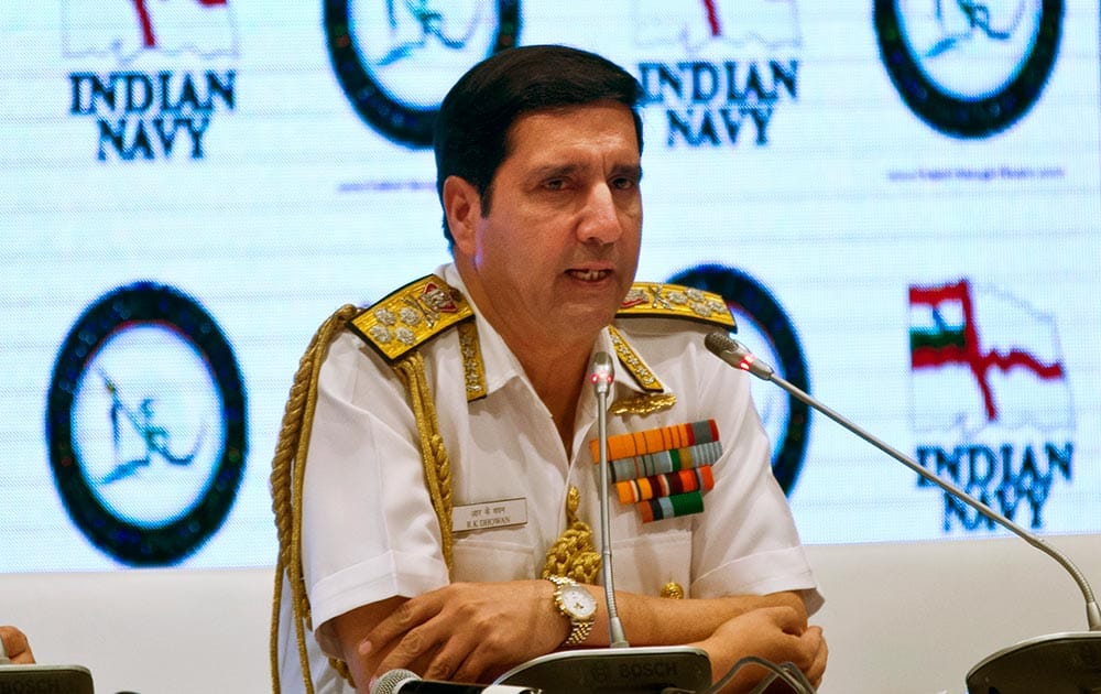 Chief of Naval Staff Robin K. Dhowan addresses a press conference ahead of the International Fleet Review in Vishakapatnam.