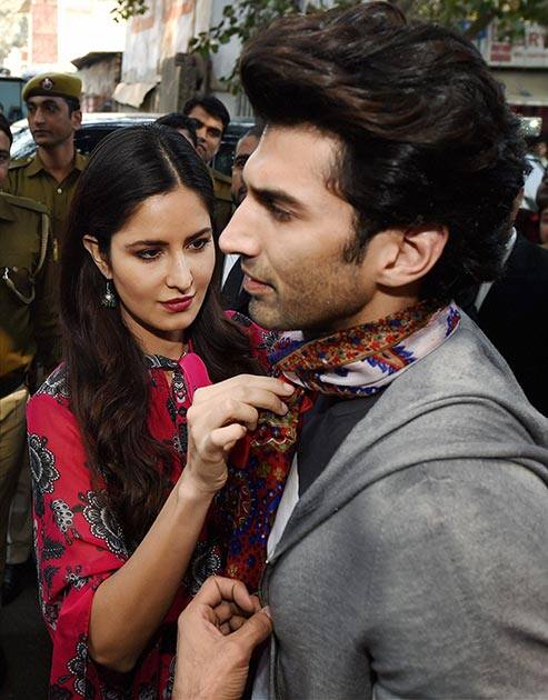 Actors Katrina Kaif and Aditya Kapur promote their upcoming film Fitoor at Janpath Market in New Delhi.