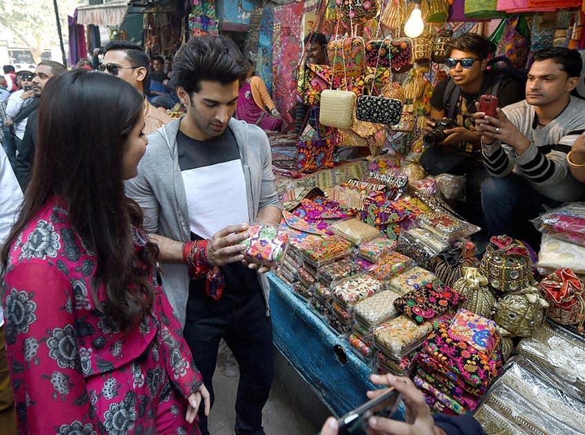 Actors Katrina Kaif and Aditya Roy Kapoor at Janpath Market to promote their upcoming film Fitoor in New Delhi.