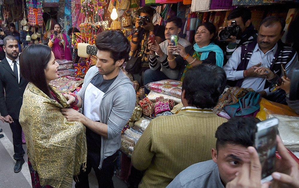 Actors Katrina Kaif and Aditya Roy Kapoor at Janpath Market to promote their upcoming film Fitoor in New Delhi.