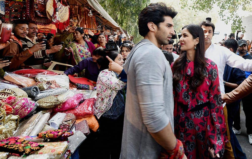 Actors Katrina Kaif and Aditya Roy Kapoor at Janpath Market to promote their upcoming film Fitoor in New Delhi.