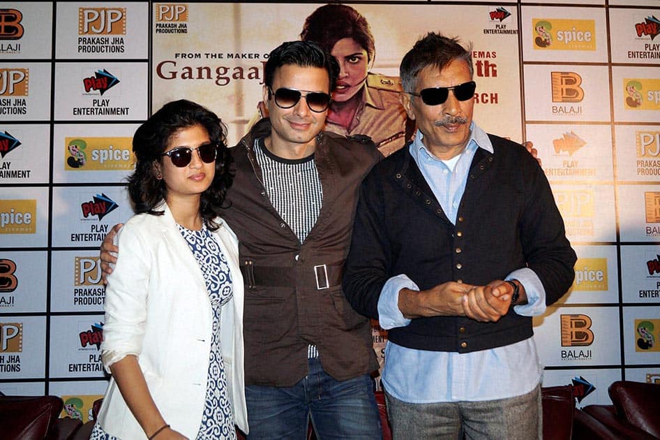 Actors Vega Tamotia, Rahul Bhat and filmmaker Prakash Jha at a promotional event for their upcoming film Jai Gangaajal in New Delhi.