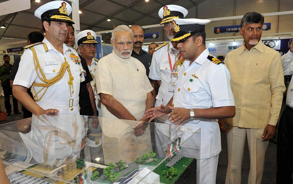 Prime Minister Narendra Modi at the Maritime Exhibition at the venue of the International Fleet Review.