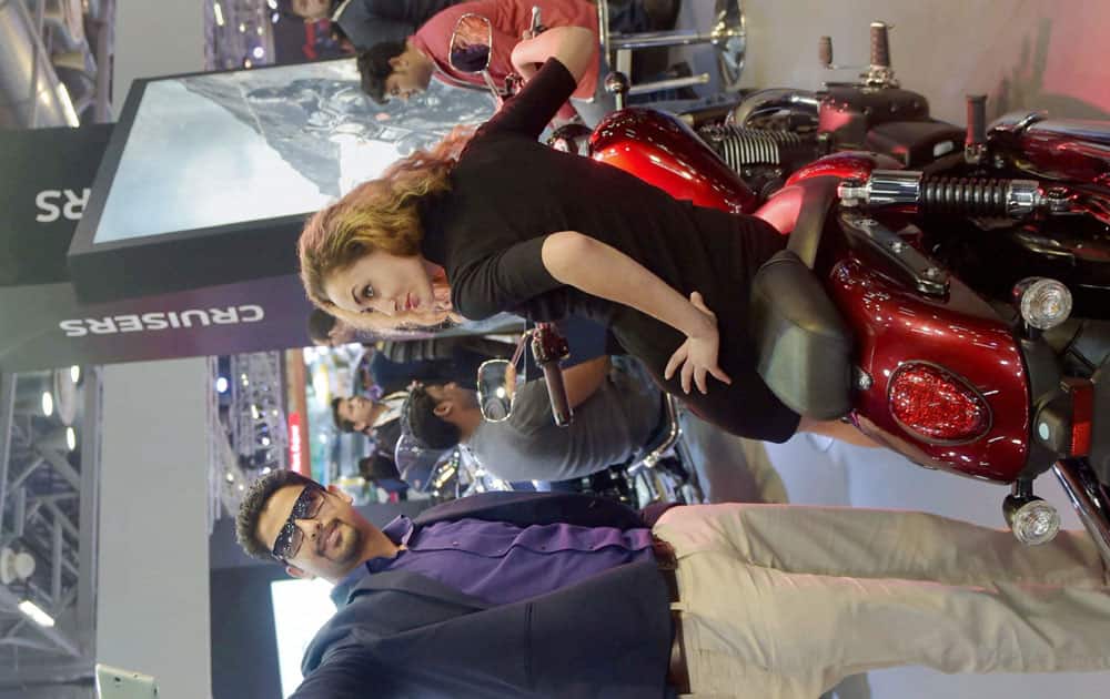 A model at Triumph stall during the Auto Expo 2016 at Greater Noida.