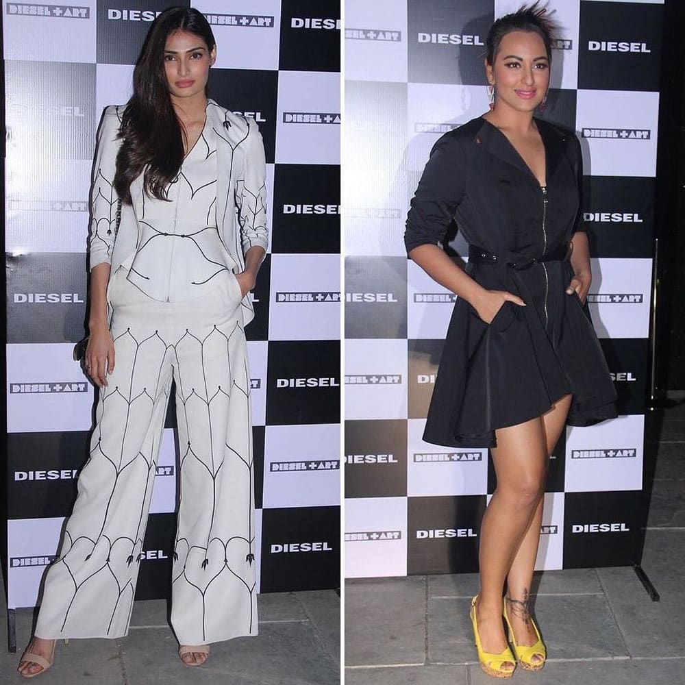 ELLE India ‏:- Monochrome perfection from #AthiyaShetty (in a graphic @AMPMFashion suit) and #SonakshiSin… http://ift.tt/1Pf8XyK  -twitter