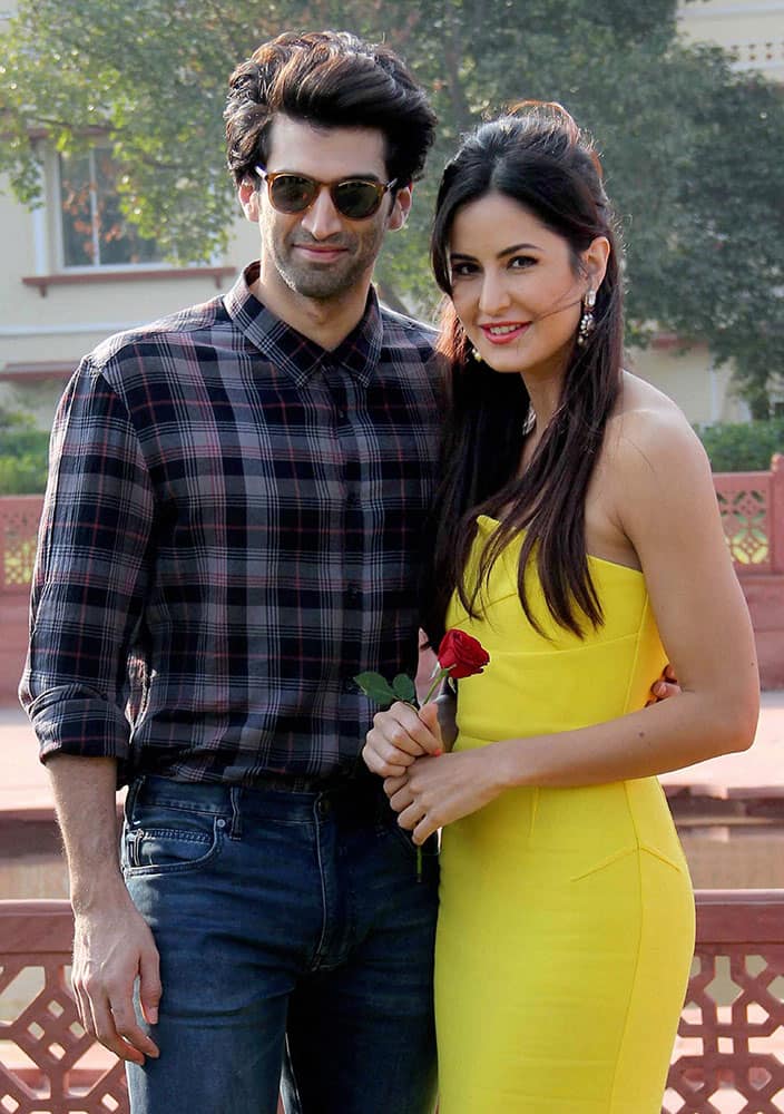 Bollywood actors Katrina Kaif and Aditya Roy Kapoor during the promotional event for their upcoming movie Fitoorin Jaipur.