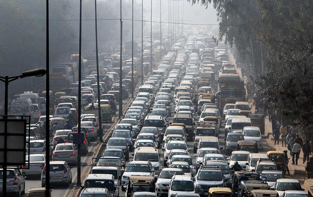 A view of heavy traffic jam on Gurgaon- Alwar National Highway in Gurgaon.