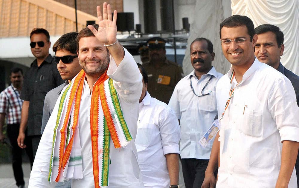 Congress Vice President Rahul Gandhi with NSUI president Roji M. John during the program of NSUI National Executive meeting at Angamali in Kochi.