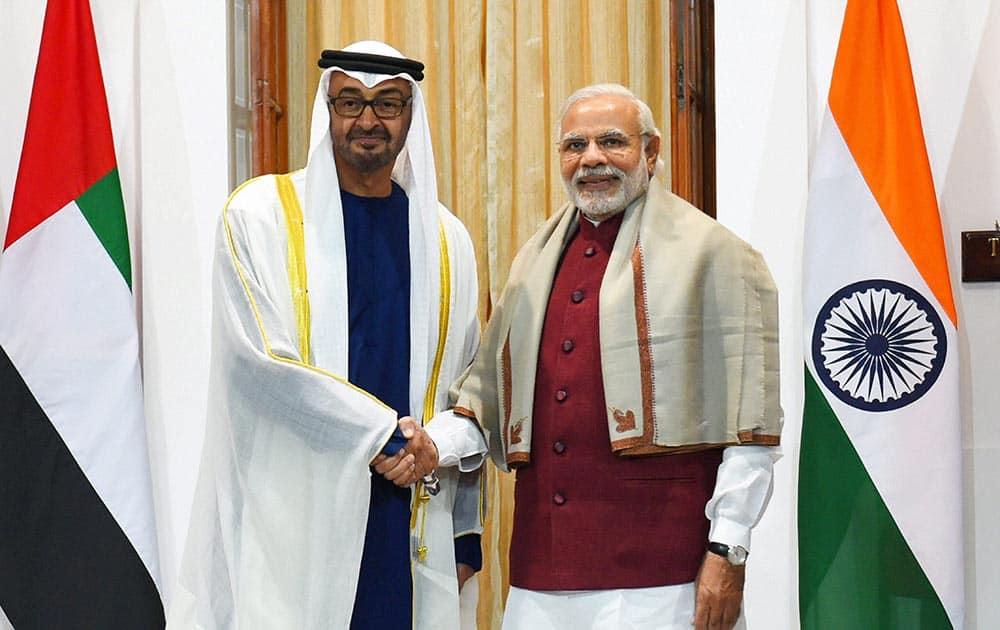 Prime Minister Narendra Modi shakes hands with Sheikh Mohammed bin Zayed Al Nahyan, Crown Prince of Abu Dhabi before signing of agreements in New Delhi.