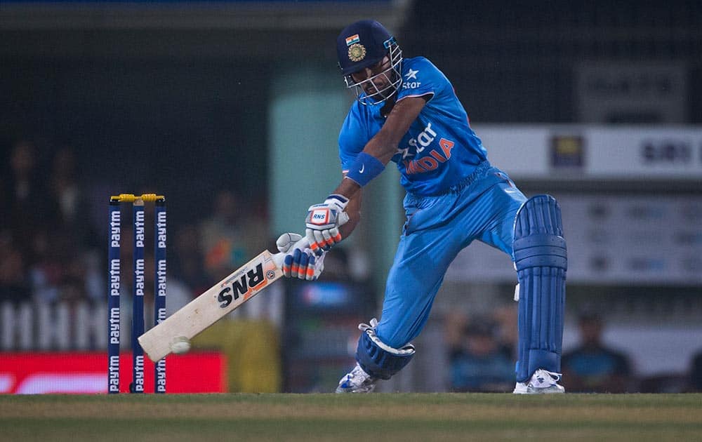 Hardik Pandya plays a ball against Sri Lanka during the second T20 match of a three match series between the two countries, in Ranchi.