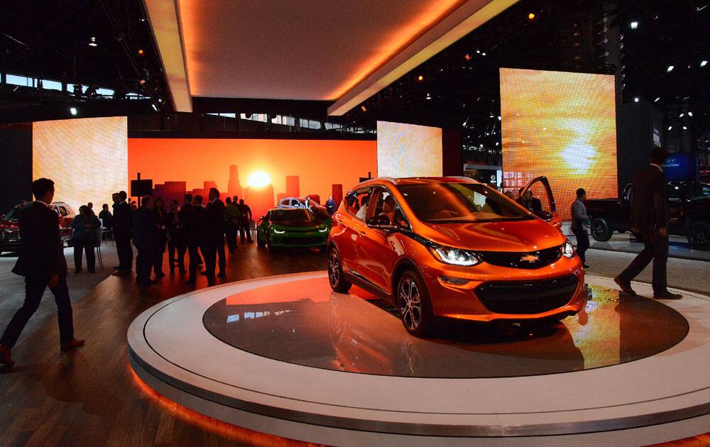 2017 Chevy Bolt electric vehicle is displayed at the Chicago Auto Show.