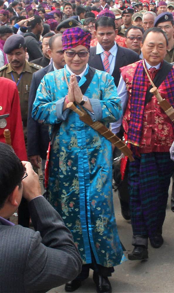Union Minister of State for Home Kiren Rijiju during 32nd International Shapawng Yawng Manau Poi 2016 in Changlang district Arunachal Pradesh.