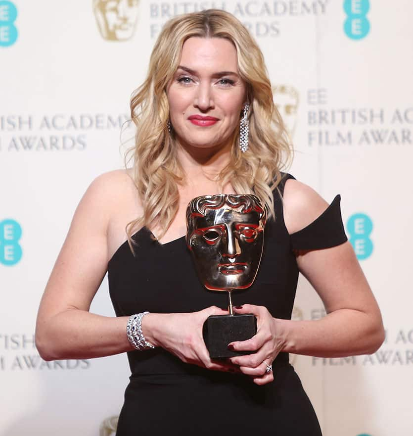 Actress Kate Winslet poses with her award for Best Supporting Actress in the film 'Jobs' backstage at the BAFTA 2016 film awards at the Royal Opera House in London.