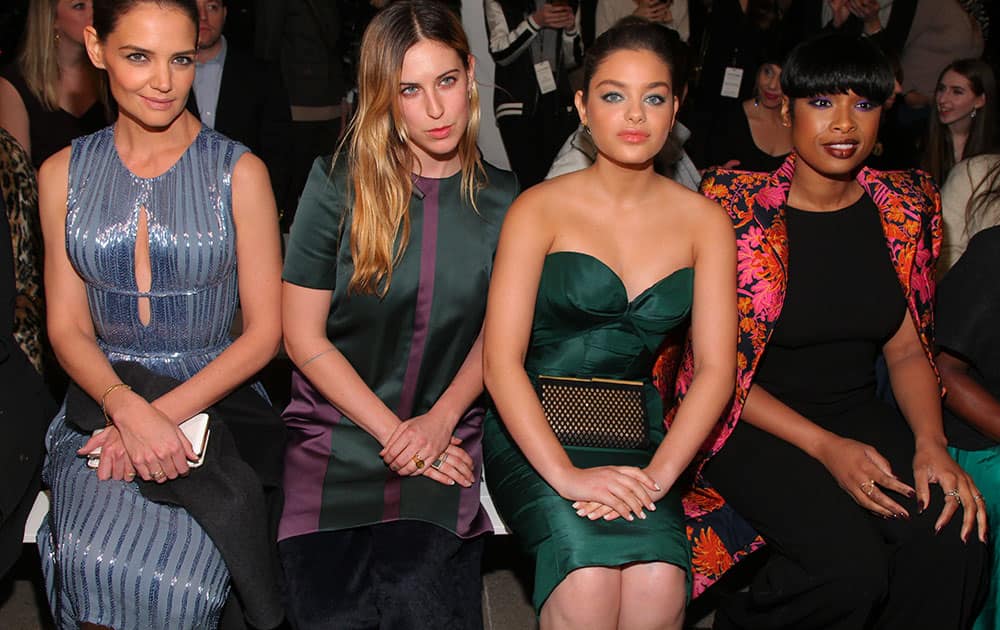 Katie Holmes, from left, Scout Willis, Sarah Hyland and Jennifer Hudson attend the Zac Posen NYFW Fall/Winter 2016 fashion show at Spring Studios in New York.