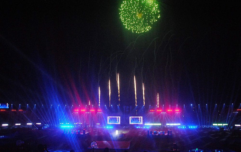 A scene from the closing ceremony of the 12th South Asian Games at Indira Gandhi Athletics Stadium in Guwahati.