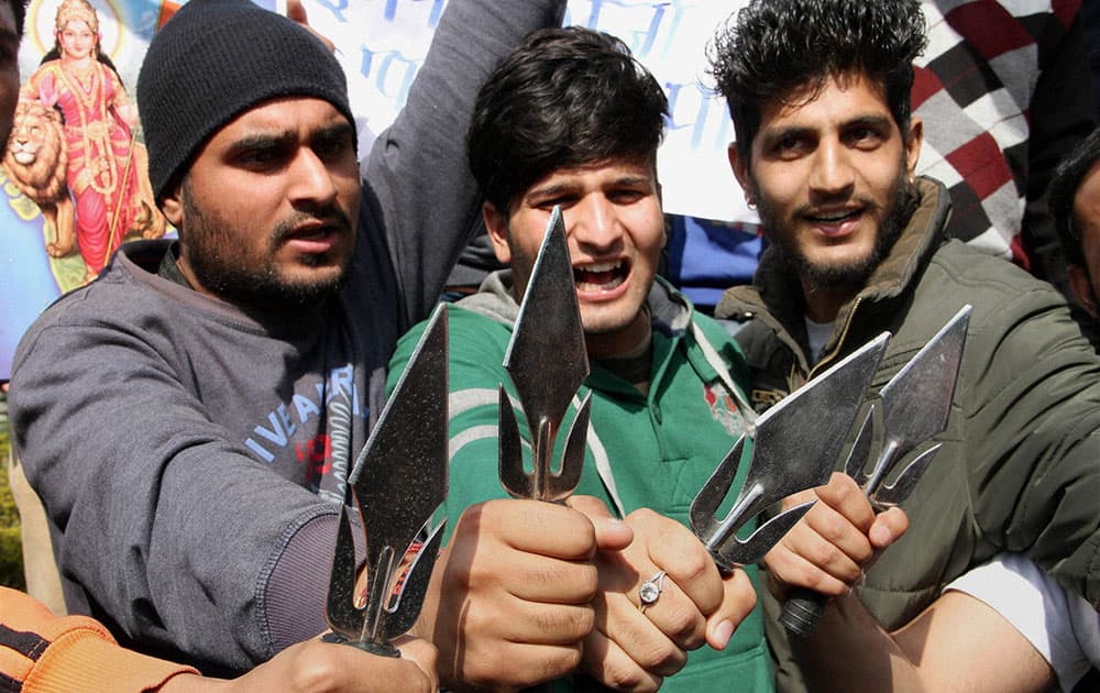 Members of ABVP staging a protest march against recent incidents of alleged anti-national activities at the JNU, in Jammu.