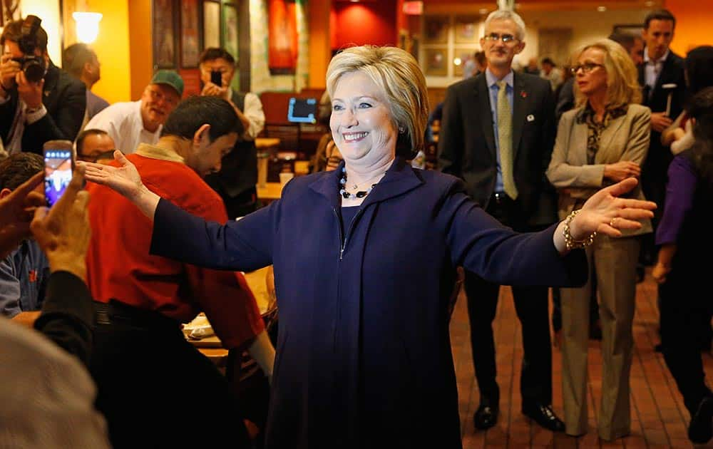 Democratic presidential candidate Hillary Clinton meets with employees of the Rio during a visit to the hotel and casino, in Las Vegas.